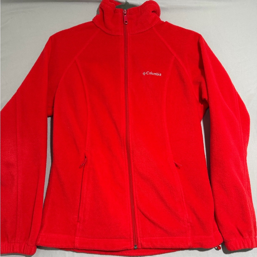 columbia sportswear red fleece full zip jacket, pockets, women's small‎
